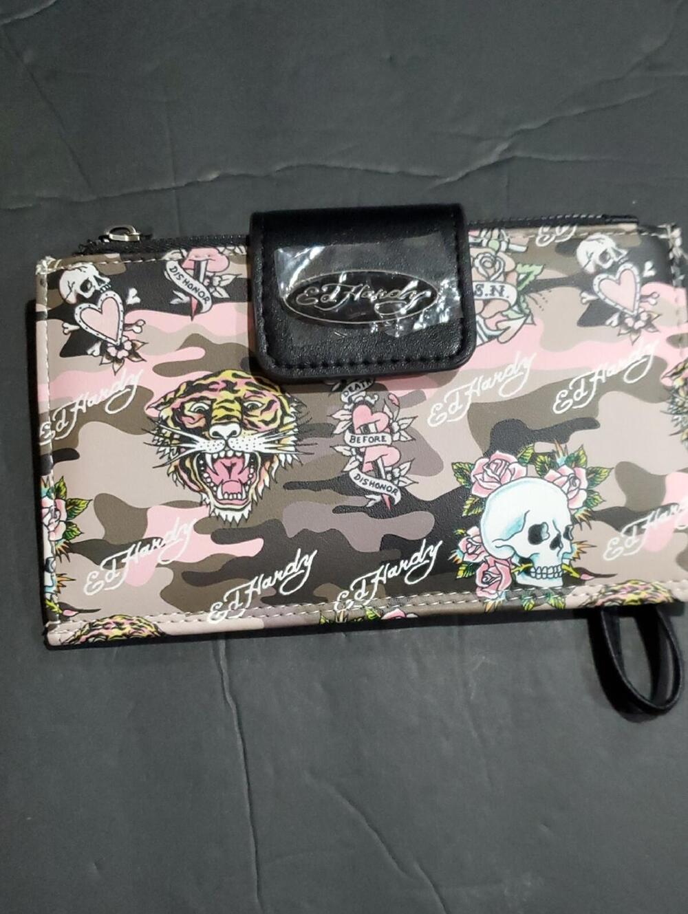 Ed Hardy Camo Tattoo XL Wallet Clutch Black Pink Gray